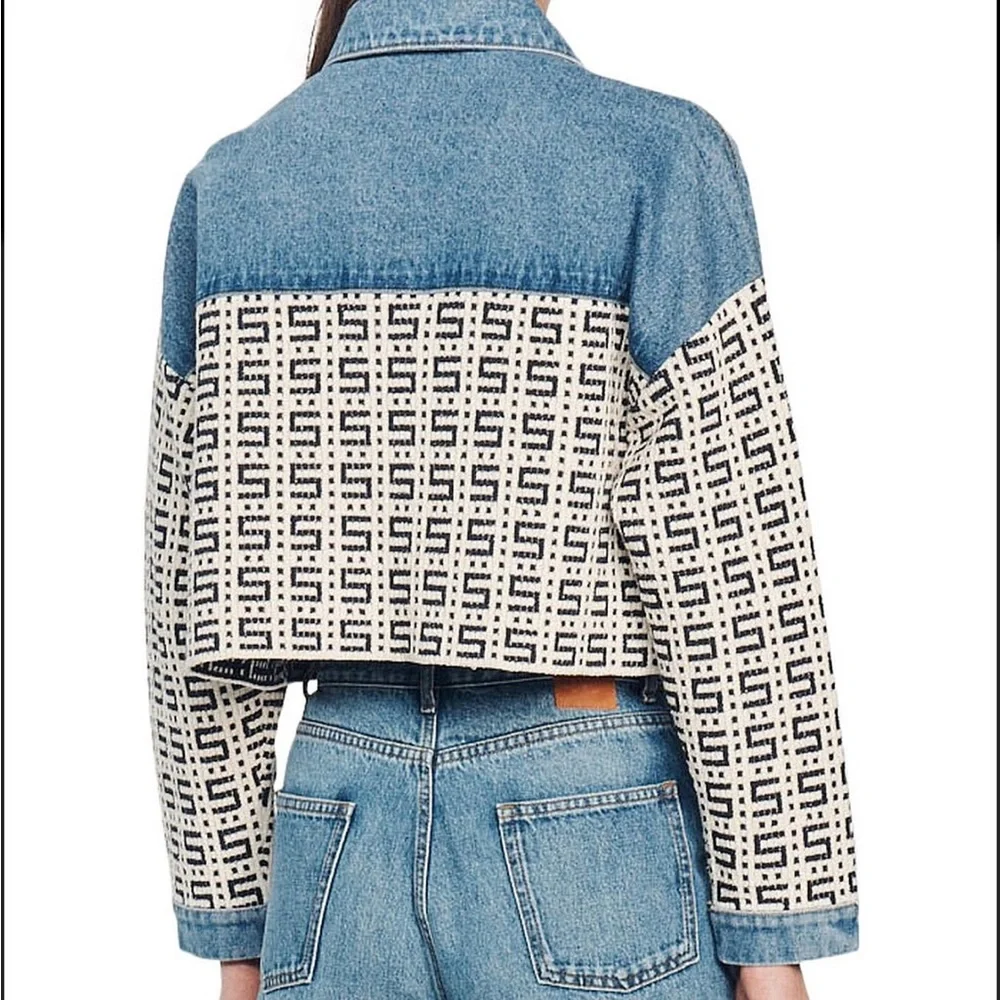 Sandro Blue and White Cropped Denim Jacket - Picture 4 of 10